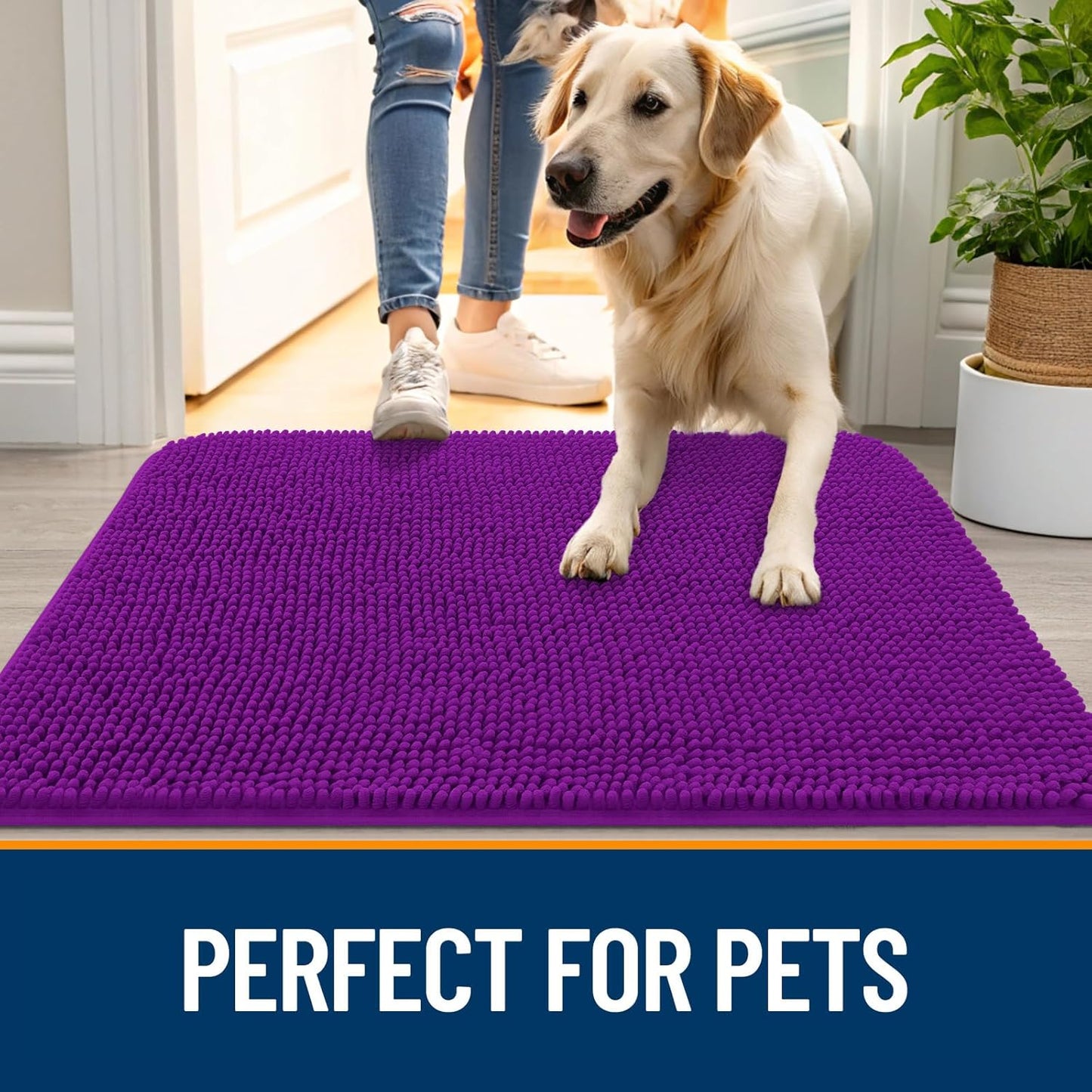 OLANLY Dog Door Mat for Muddy Paws 47x17, Absorbs Moisture and Dirt, Absorbent Non-Slip Washable Doormat, Quick Dry Chenille Mud Mat for Dogs, Entry Indoor Entryway Carpet for Inside Floor, Purple
