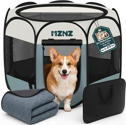 Dog Cat Playpen with Pee Pad, Portable Puppy Pet Crate Indoors by MZNZ