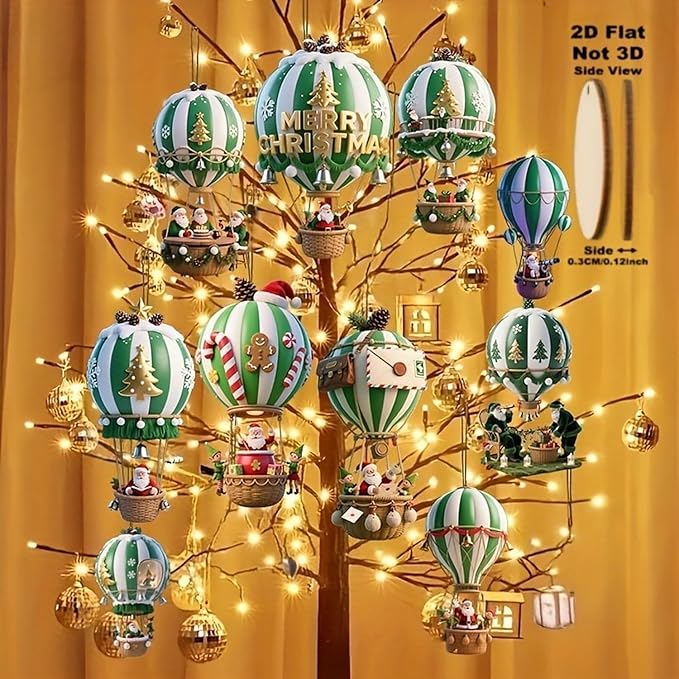 10 Pcs Christmas Hot Air Balloon Hanging Ornaments Green 2D Wooden Christmas - Image 2