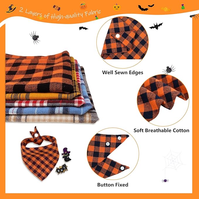 Dog Bandana with Orange & Black Plaid Soft Breathable Cotton Blend, Boo & Witch - Image 4