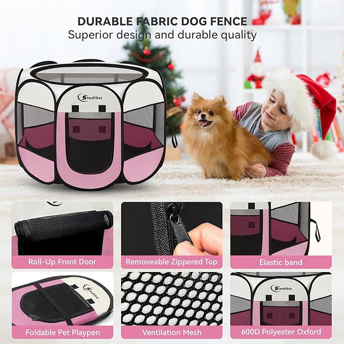Siedihit Pink Puppy Playpen for Middle Dog Cat, Dog Tent Crates Cage - Image 4