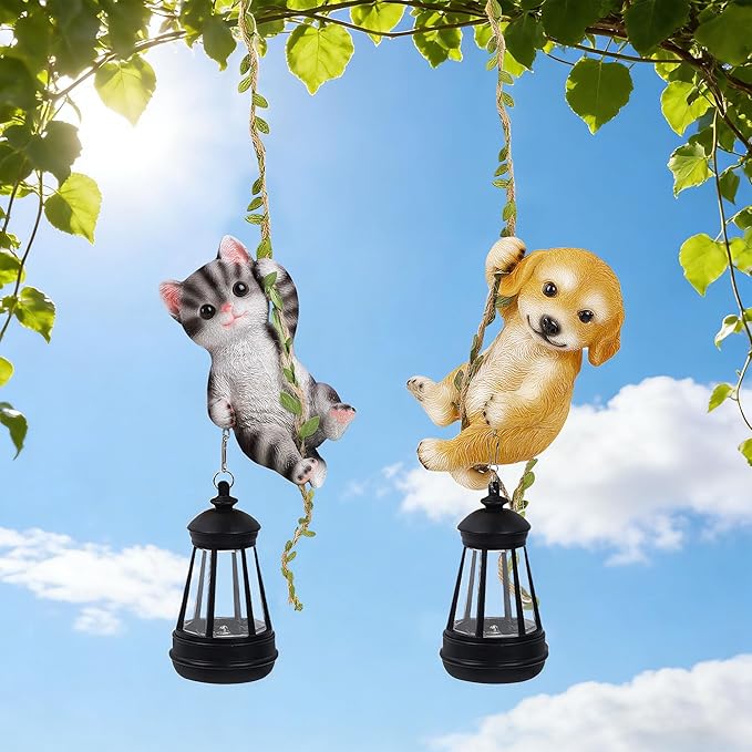 Set of 2 Solar Hanging Statue, Outdoor Resin Black White Cat & Golden Retriever - Image 6