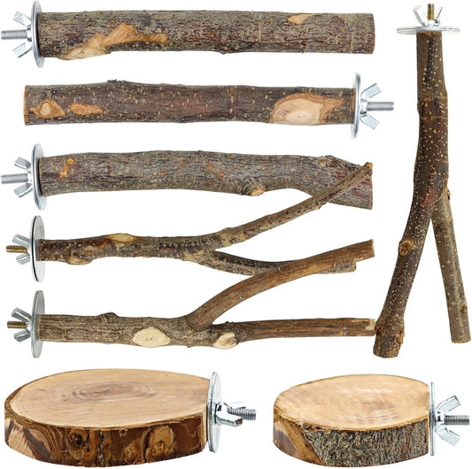 Natural Wood Bird Perches for Cage, Parrot Perch Stand & Platform, Bird Cage Accessories for Parakeets, Cockatiels, Conures, Lovebirds (Brown, Core Perch & Platform - 8PCS)