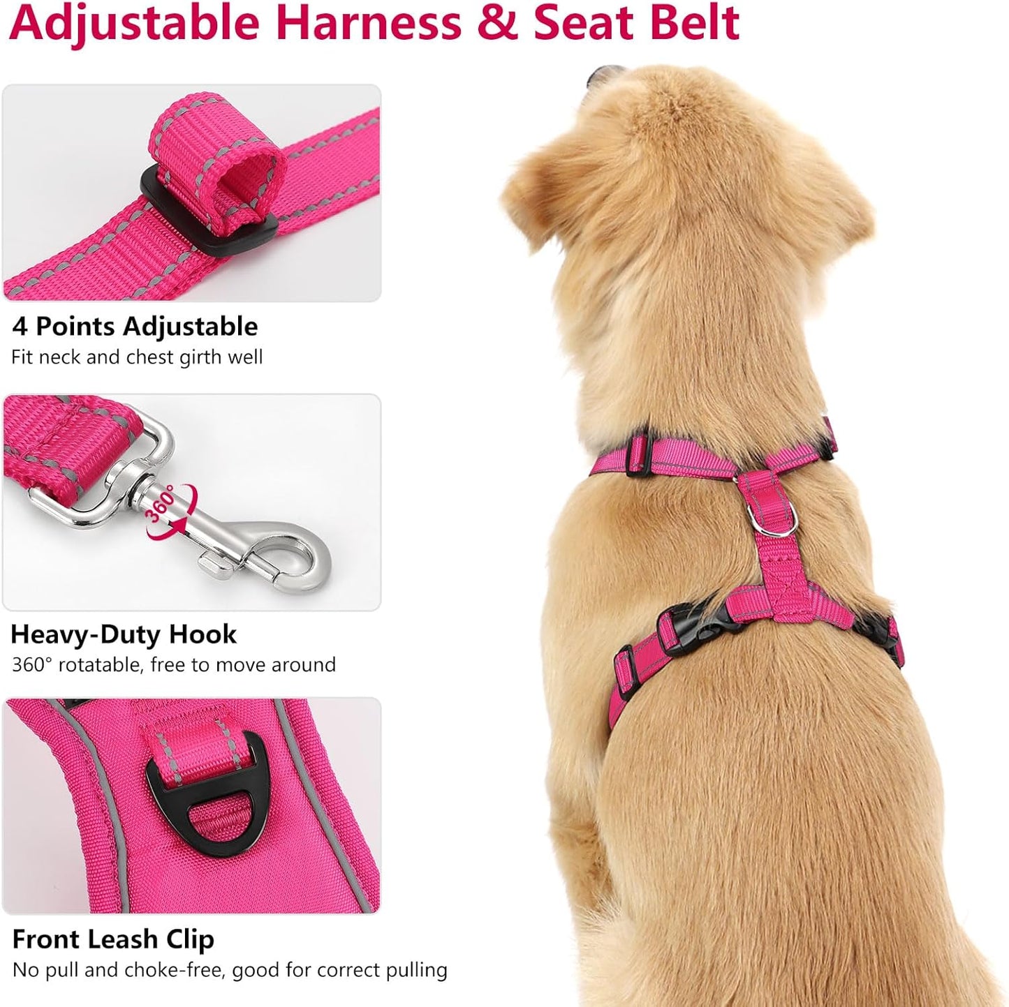 Dog Seat Belt Harness for Car, Dog Car Harness Adjustable Mesh Breathable & Dogs Seatbelt Safety Tether with Elastic Bungee for Small Medium Large Pets(Rose, S)