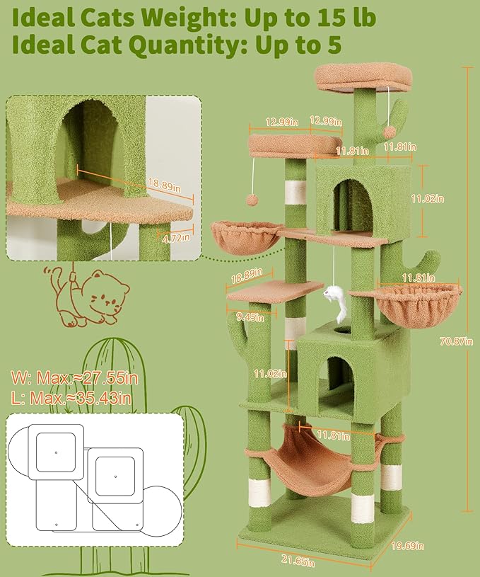 AMHANCIBLE Cactus Cat Tree, 70 Inch Tall Cat Tower - Image 7