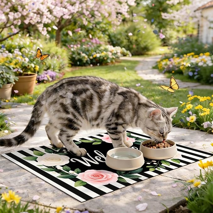 HOMETITUTE Pet Feeding Mat Black White Stripe Pattern 20" x 12", Welcome Sign - Image 9