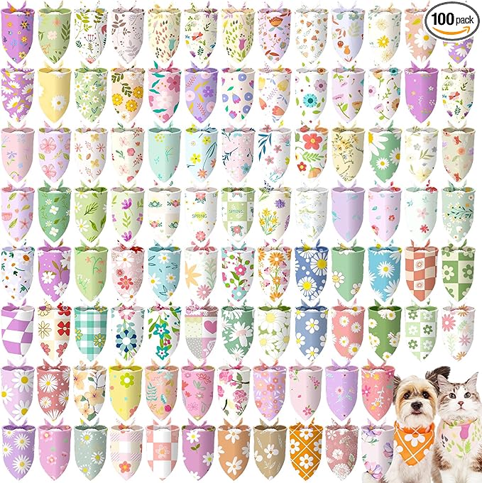 Huhumy 100 Pcs Spring Floral Dog Bandanas Bulk Pet Bibs Colorful Triangle Scarf by Huhumy
