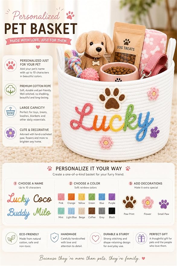 JUPPE Pet Dog Basket with Personalized Name, Dog Toys Storage Organizer Custom - Image 2