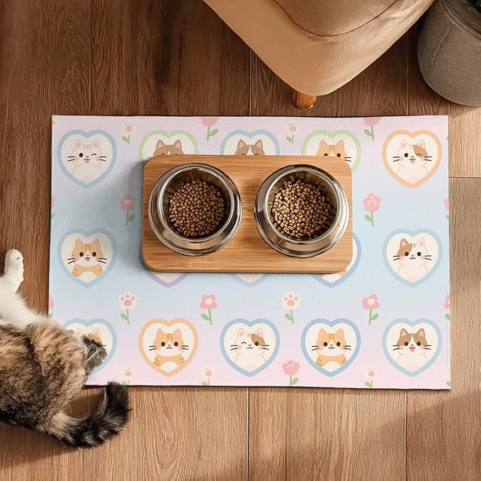 HOMETITUTE Cat Food Mat Pastel Heart Kitten Print, Non-Slip Elegant Pet Bowl - Image 5
