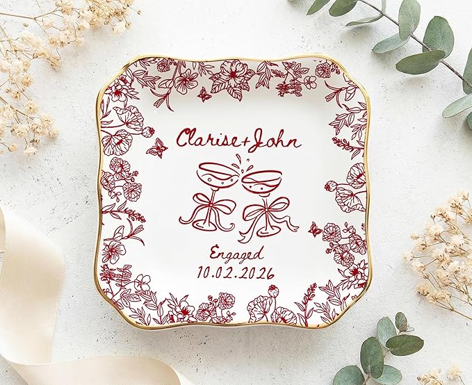 LOVELYPOD Personalized Floral Engagement Trinket Tray, Custom Couple Name by LOVELYPOD