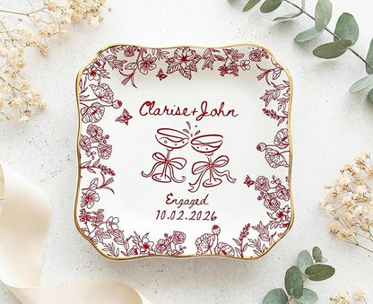 LOVELYPOD Personalized Floral Engagement Trinket Tray, Custom Couple Name by LOVELYPOD