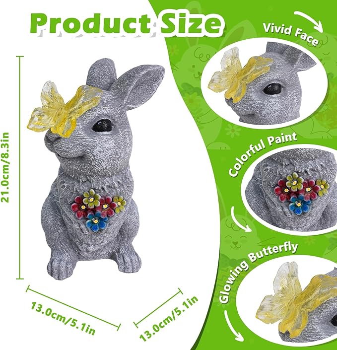 Solar Bunny Garden Statue with Glowing Butterfly - Image 2
