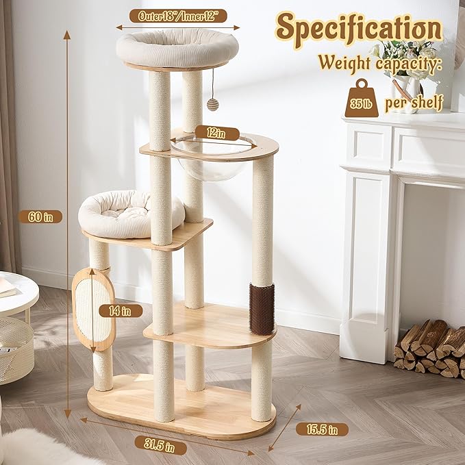 Modern Solid Wood Cat Tree for Indoor Cats Up to 15lbs, Scratcher & - Image 6