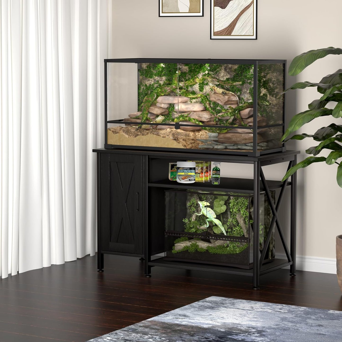 40-120 Gallon Reptile Tank Stand with Power Outlet, Terrarium Stand with Storage Cabinet, 48" X 24" Tabletop, Reptile Terrarium,Turtle Tank Black PG08XYB