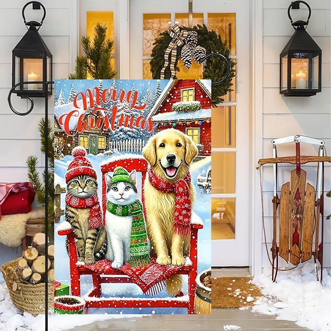 Merry Christmas Garden Flag 12x18 Double Sided Winter Cats and Dog Garden Flag - Image 5
