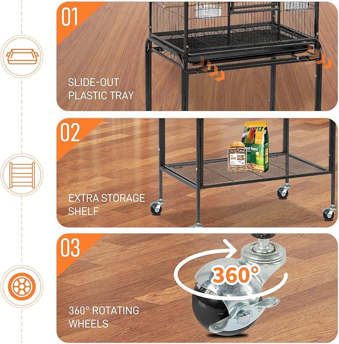 VINGLI 53-inch Bird Cage with Wheels, Durable Wrought Iron Parakeet Cage with - Image 4
