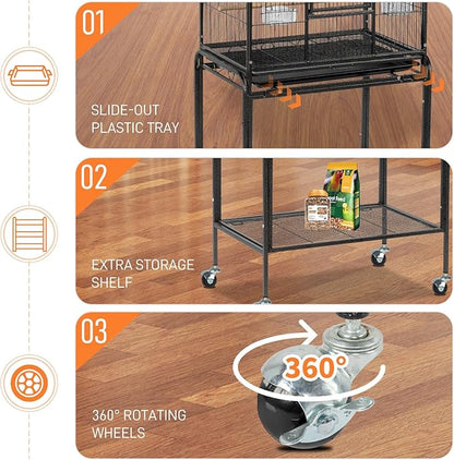VINGLI 53-inch Bird Cage with Wheels, Durable Wrought Iron Parakeet Cage with - Image 4