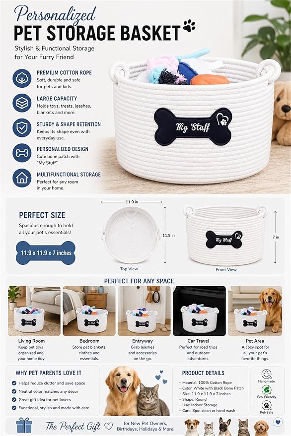 JUPPE Pet Dog Basket with Personalized Name, Dog Toys Storage Organizer Custom - Image 2