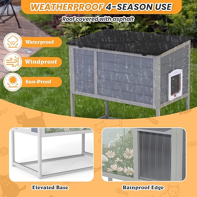 Outdoor Cat House with Heating Pad, Heated Raised Wood Cat Enclosure with - Image 6