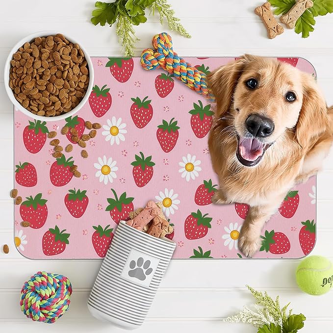 Cute Strawberry Flower Dog Cat Food Mat, Non-Slip Water Bowl Placemat, Indoor - Image 7