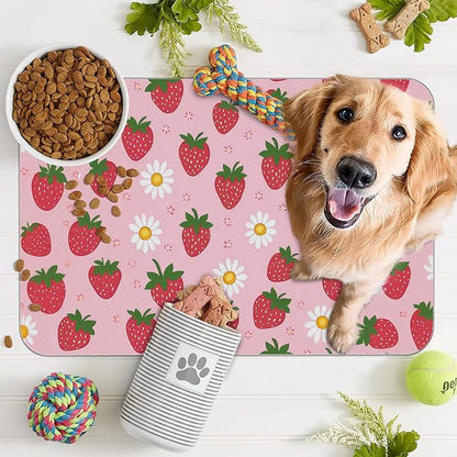 Cute Strawberry Flower Dog Cat Food Mat, Non-Slip Water Bowl Placemat, Indoor - Image 7