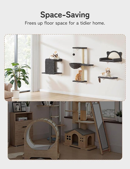 5-in-1 Cat Wall Shelves, Solid Wood & Velvet & Sisal Scratcher, 44lbs Max Load - Image 9