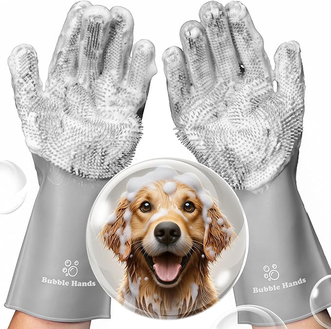Dog Washing Gloves with Bristle Scrubbers, Reusable Silicone Gloves Ideal by BUBBLEHANDS