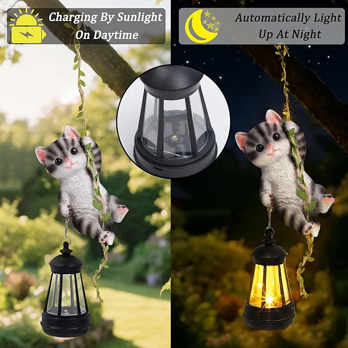 Set of 2 Solar Hanging Statue, Outdoor Resin Black White Cat & Golden Retriever - Image 3