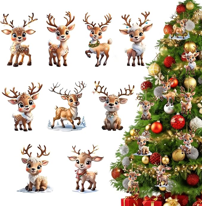9 Pcs Christmas Ornaments Cute Reindeer Xmas Tree Decorations Acrylic Winter by NSSHEL