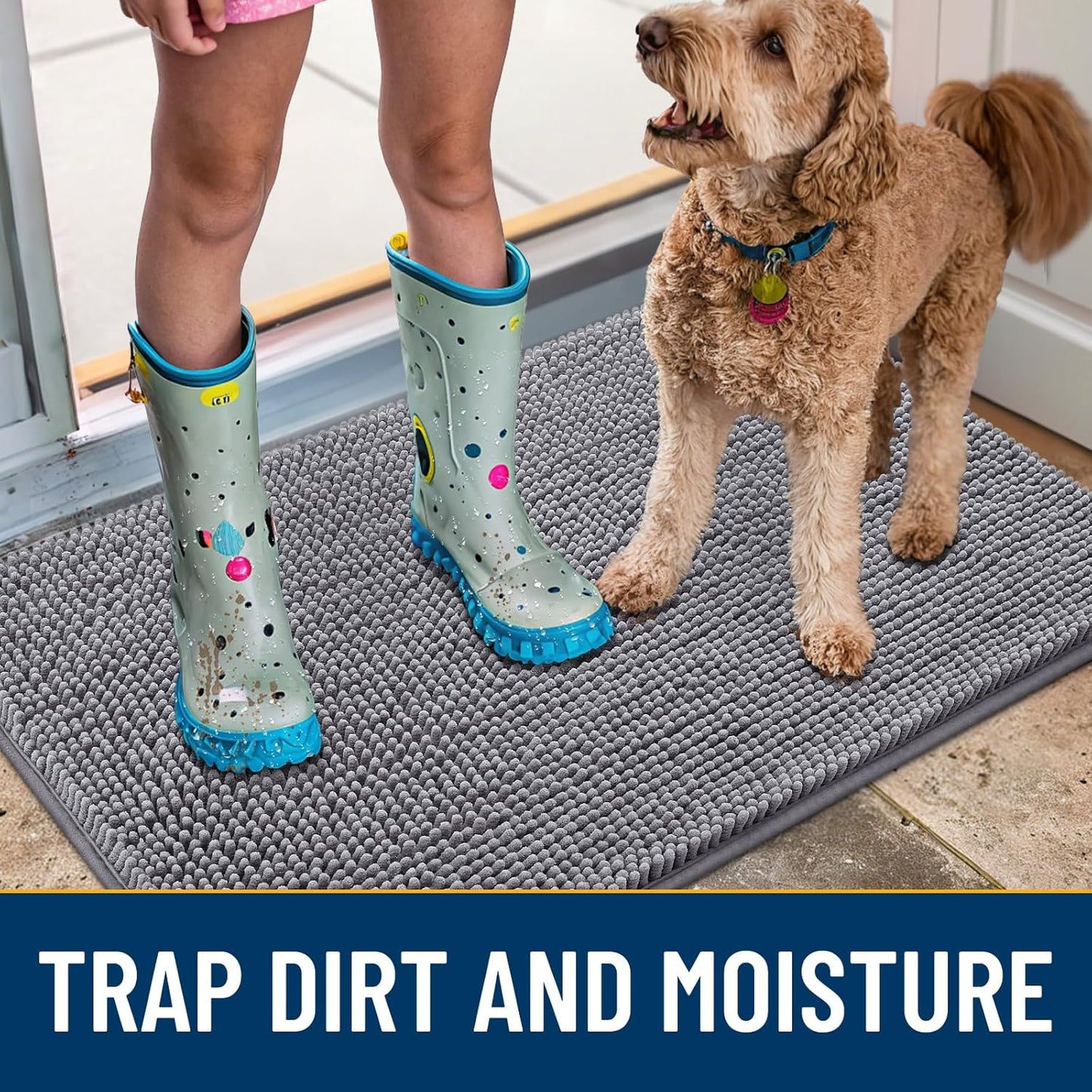 Smiry Dog Door Mat for Muddy Paws 59x35, Absorbs Moisture and Dirt Doormat, Non-Slip Washable Quick Dry Chenille Front Door Mat Indoor Entrance, Entryway Carpet for Inside Floor, Grey