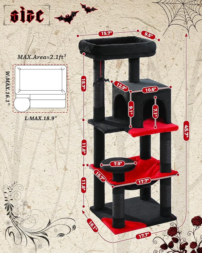 MUTTROS Gothic Cat Tree with Super Large Hammock, 45.7" Black Cat Tower with - Image 5
