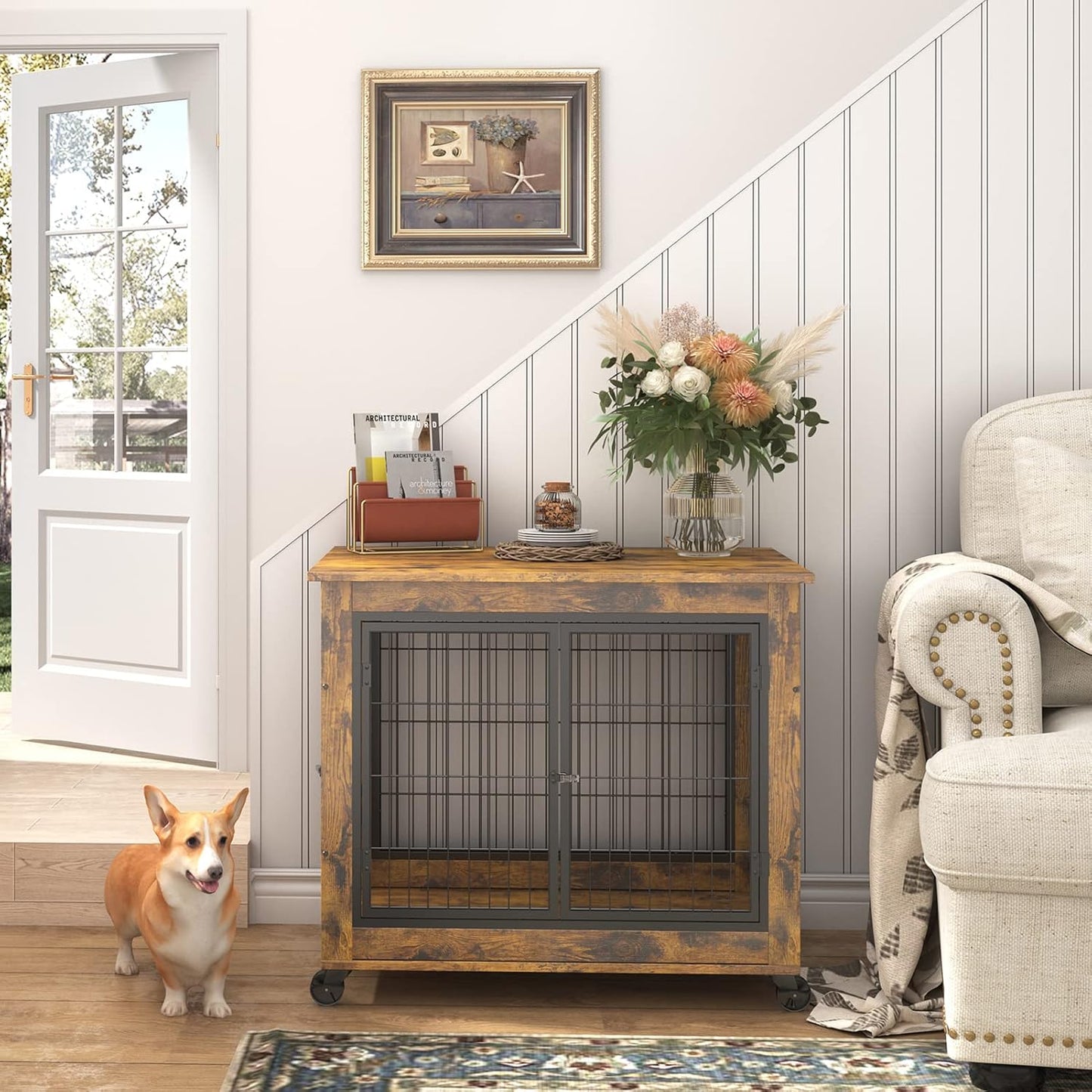 IchbinGo Dog Crate Furniture, Wooden Dog Crate Table, 31.5" Dog Kennel with 3 Doors, Flip-up Top Opening and Wheels, Decorative Pet Crate Dog House for Medium/Small Dog Indoor Use (Rustic Brown)