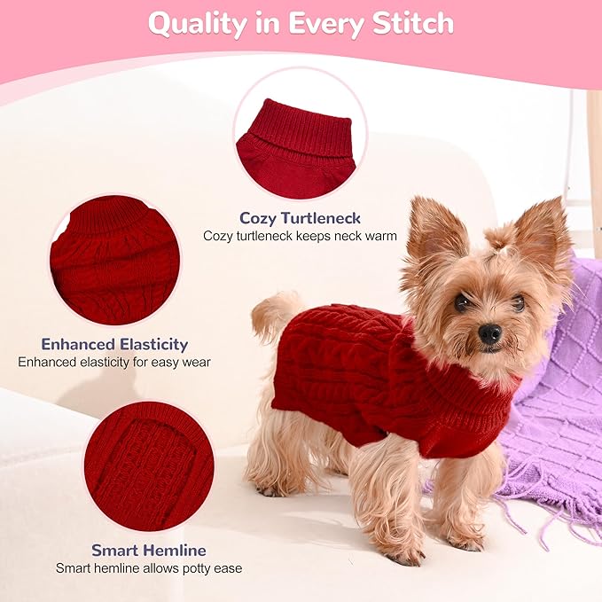 2 Pack Dog Sweaters for Small Dogs Winter Turtleneck Pullover Cable Knit Fleece - Image 3