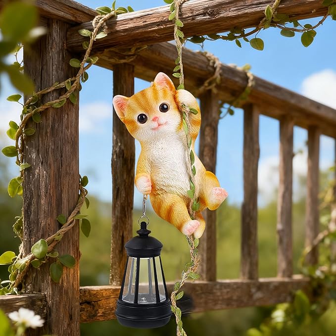 Solar Hanging Cat Statue, Outdoor Resin Orange Cat Figurine - Image 6