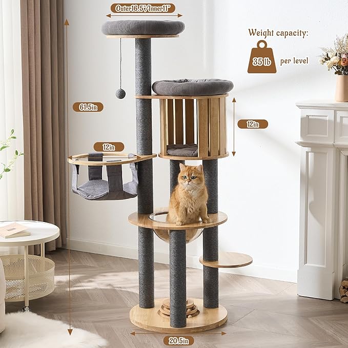 Modern Cat Tree Tower with Scratching Post, 61.5in Tall Cat Tree - Image 2