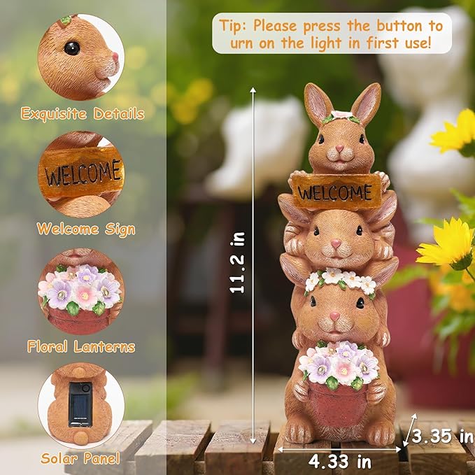Solar Bunny Statues Outdoor Decor, Garden Sculptures - Image 3