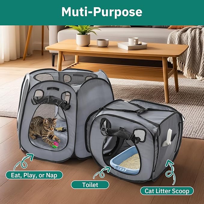 Cat Playpen with Separate Litter Box Area, Large Foldable Waterproof Cat Tent - Image 6