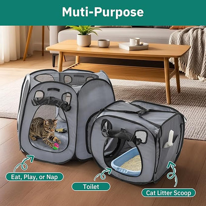 Cat Playpen with Separate Litter Box Area, Large Foldable Waterproof Cat Tent - Image 6