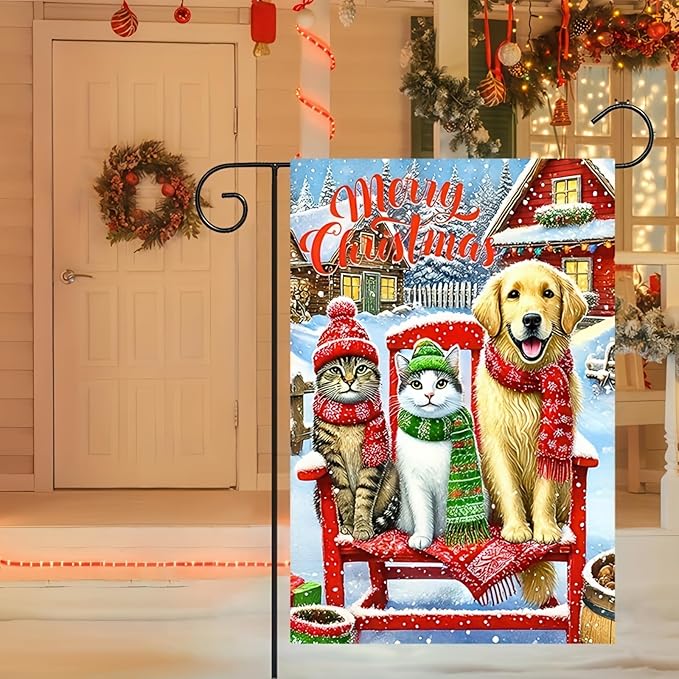 Merry Christmas Garden Flag 12x18 Double Sided Winter Cats and Dog Garden Flag - Image 3