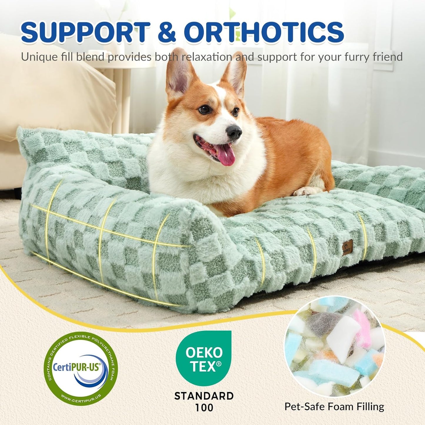 Cat Bed Cat Couch for Puppy and Kitten, Fluffy Pet Sofas Medium Dog Sofa Bed, Supportive Cats Sofa for Indoor Cats, Washable Cover & Non-Slip, 32 inch, Green