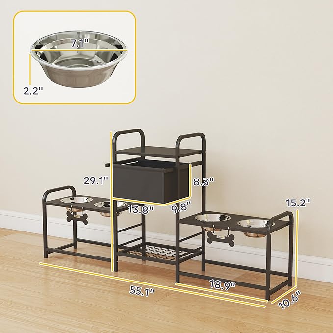 PawHut Dog Bowl Stand with 2 Feeding Stations, 3 Adjustable Heights, Elevated - Image 7
