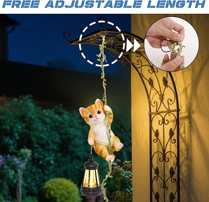 Solar Hanging Cat Statue, Outdoor Resin Orange Cat Figurine - Image 4