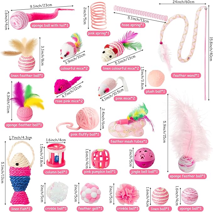 MALLMALL6 Cat Toy Set Interactive Cat Toys 27Pcs Pack Stuff Pink Feather Teaser - Image 5