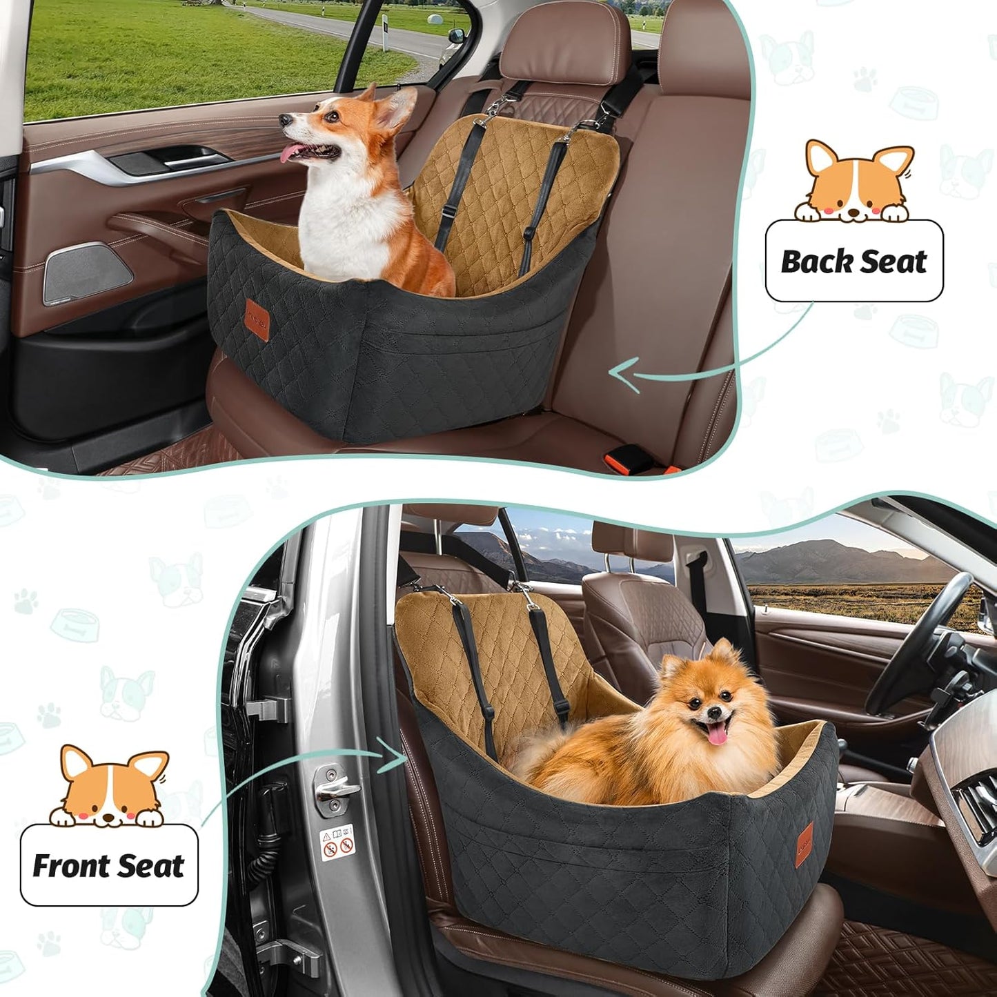 Dog Booster Car Seat for Up to 35lbs Pets,Easy to Install,Fully Detachable and Washable,Anti-Slip Base,Snug Puppy Car Seat with 2 Clip-On Leashes(Black/Coffee,Medium)