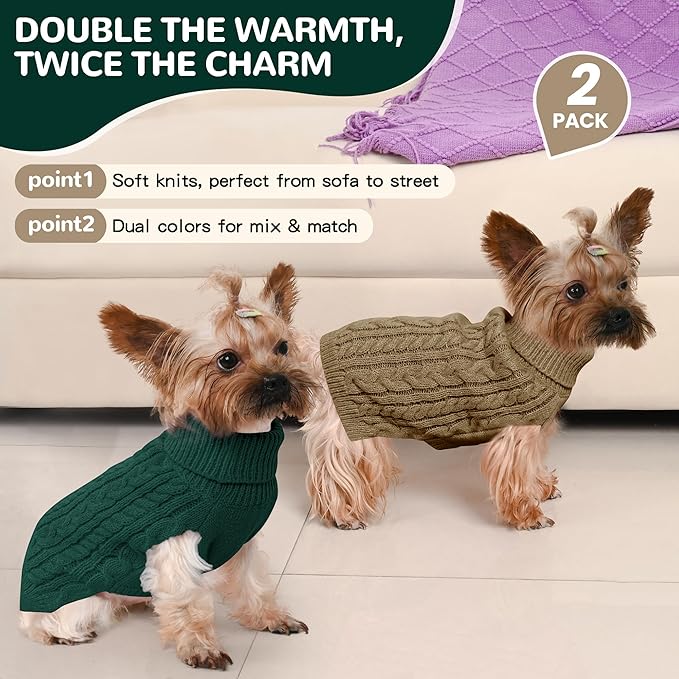 2 Pack Dog Sweaters for Small Dogs Winter Turtleneck Pullover Cable Knit Fleece - Image 2