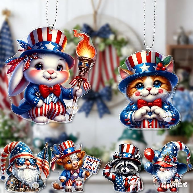 6 Pcs 4th of July Hanging Ornaments 2D Acrylic Independence Day Tree by BHOOKA