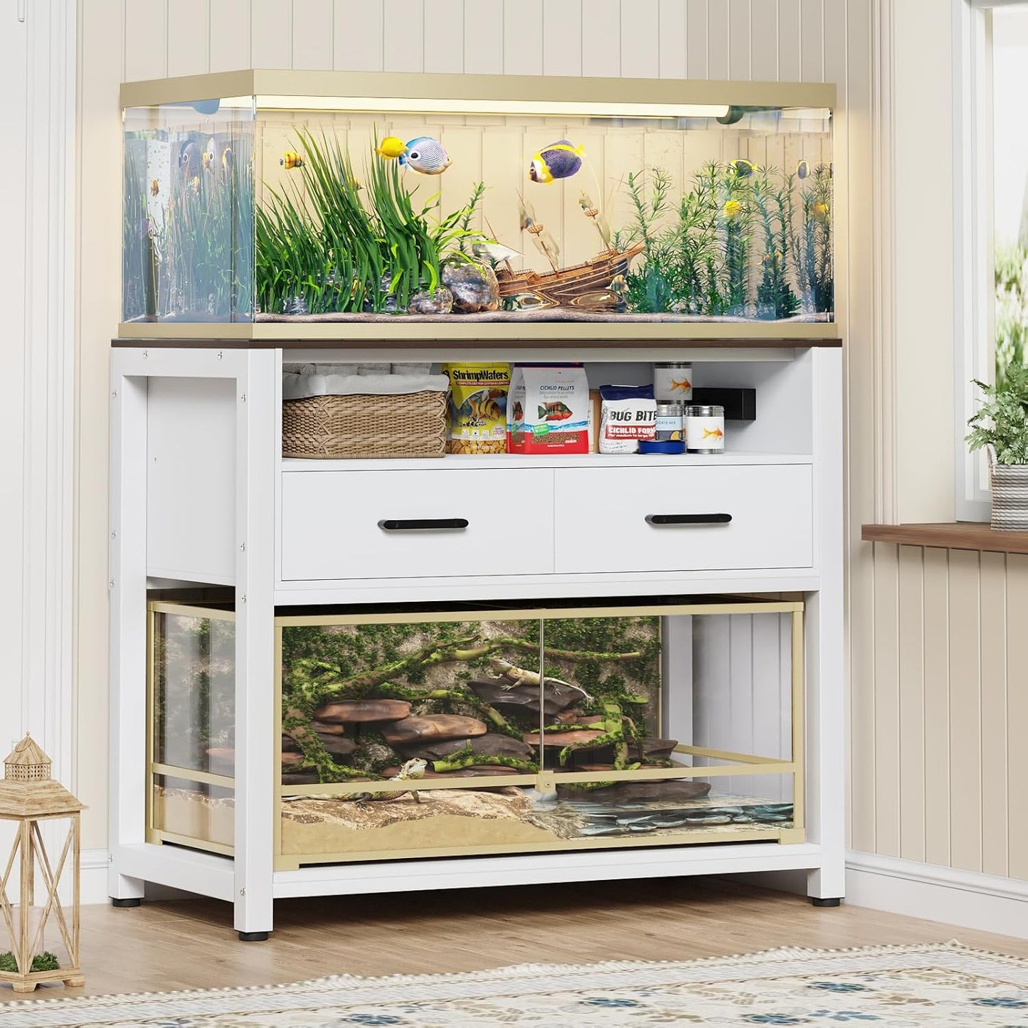 40-50 Gallon Fish Tank Stand with Power Outlet & 2 Storage Drawers, Heavy Duty Metal Frame Aquarium Stand with Waterproof Mat, 36.6" L*19.1" W Tabletop, 800LBS Capacity, White+Brown