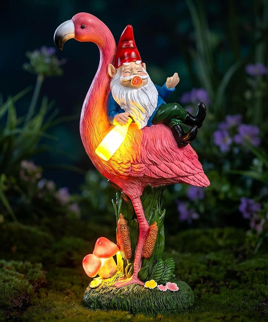 C&Y&G&X Middle Finger Gnome Riding Flamingo 13in, Funny Garden Statue Solar by CYGX