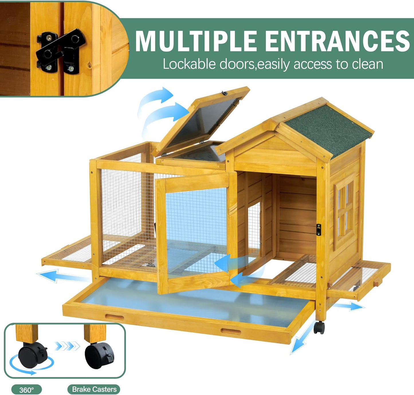 Wooden Rabbit Hutch with Waterproof Roof,Outdoor/Indoor Bunny Cage with Removable Slide-Out Bottom Tray, Chewproof Rabbit cage for Small-Medium Animals (Guinea Pigs, Hedgehogs)