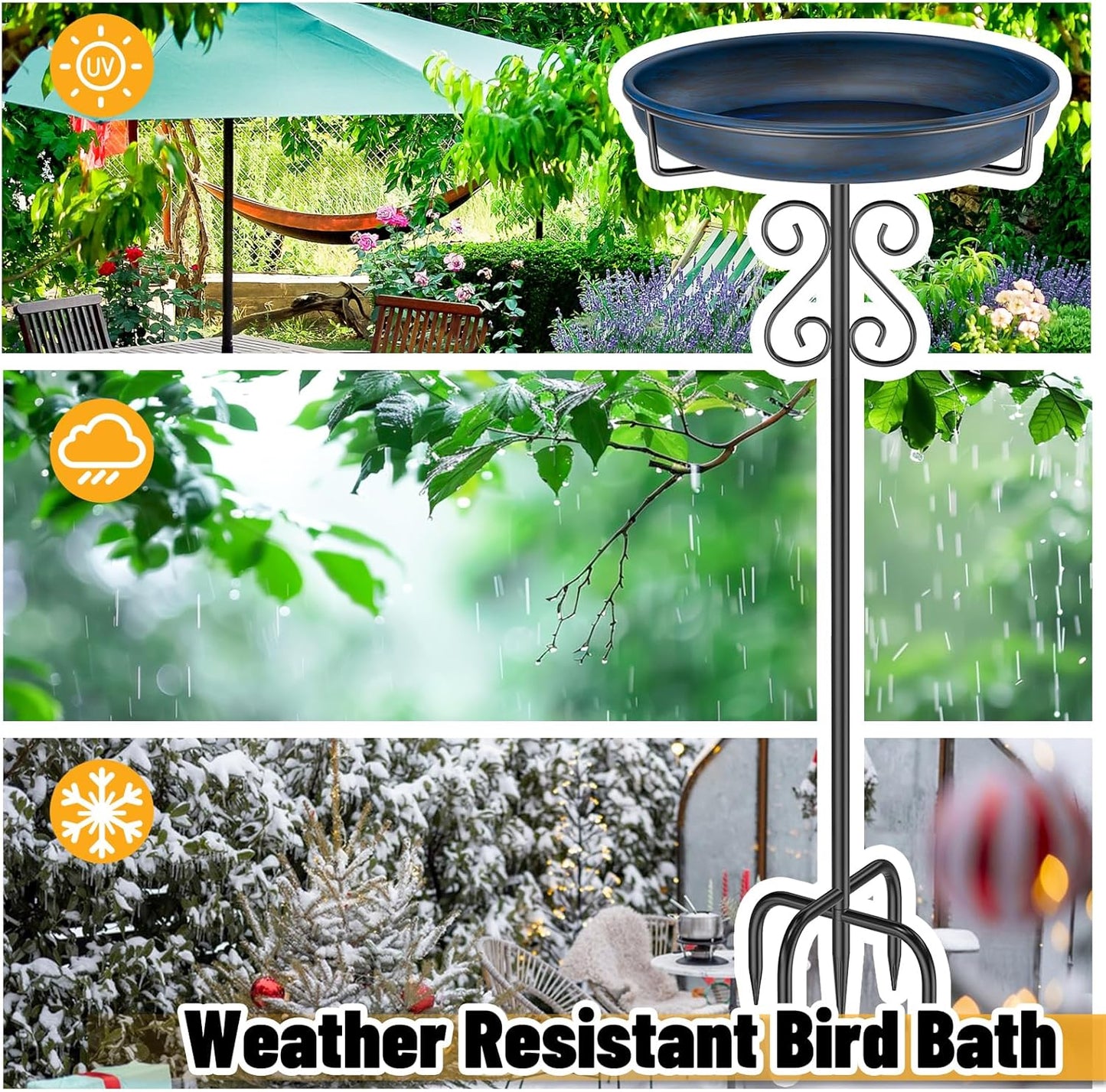 Metal Bird Bath for Outside,Bird Baths Feeder Bowl with 5 Prongs Base Stake,Freestanding BirdBaths for Outdoors Garden Patio Yard Lawn Decor (Vintage Blue)